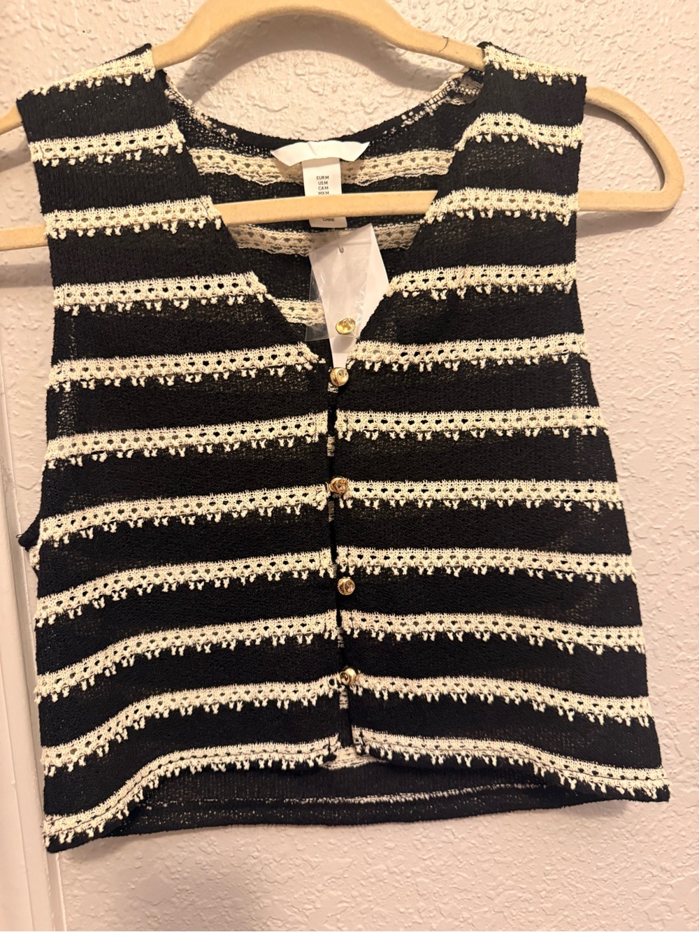 Striped Sleeveless Knit Button-Front Top in Black & Cream